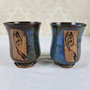 Nettles Art Pottery Cups Vase Blue Brown Speckles Fish Graphics Stamped Bottom